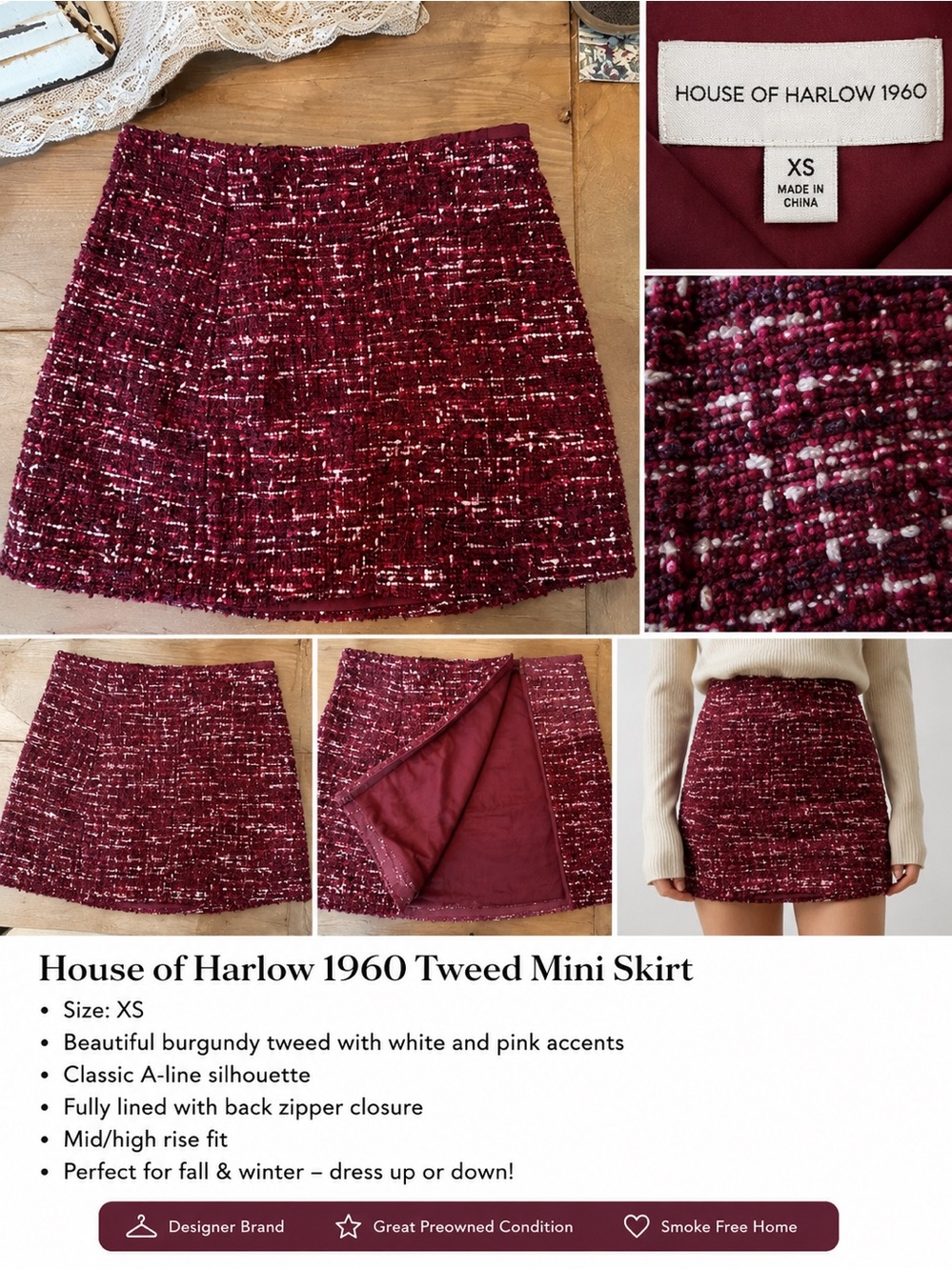 House of Harlow 1960 Raspberry Pink Tweed Mini Skirt